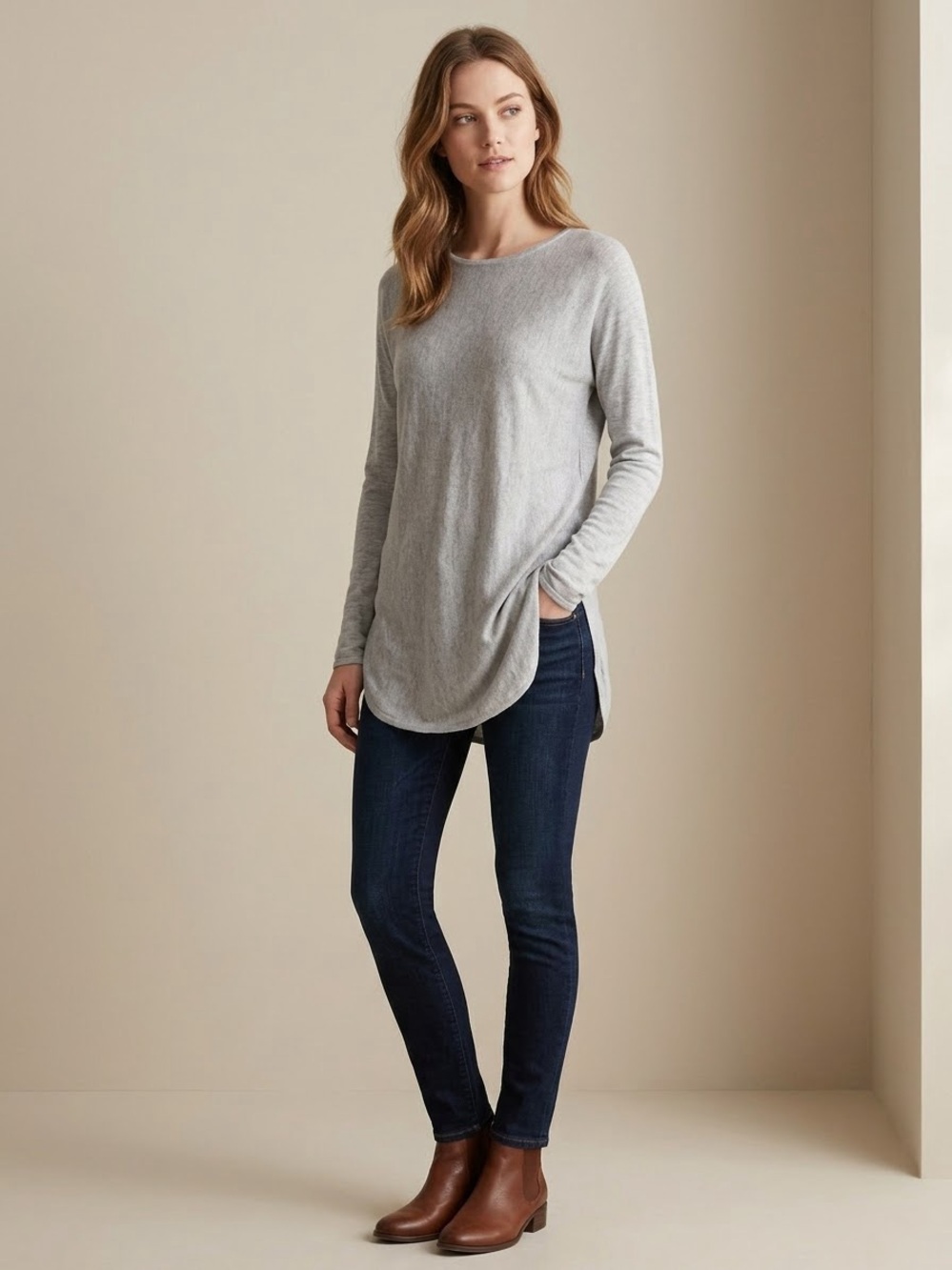 Light Grey Fine Knit Tunic Sweater